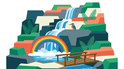 Fototapeta premium Colorful waterfall, rainbow, bridge, landscape vector illustration, nature scenery, scenic view