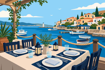 Obraz premium Seaside Restaurant Table Scene With Lanterns and Harbor View
