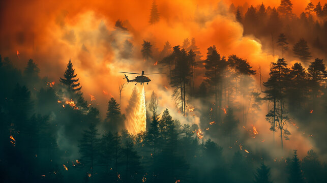 Aerial firefighting helicopter, forest fire suppression, wildfire emergency response, professional helicopter pilot, forest woodland wildfire, emergency aerial rescue, firefighting