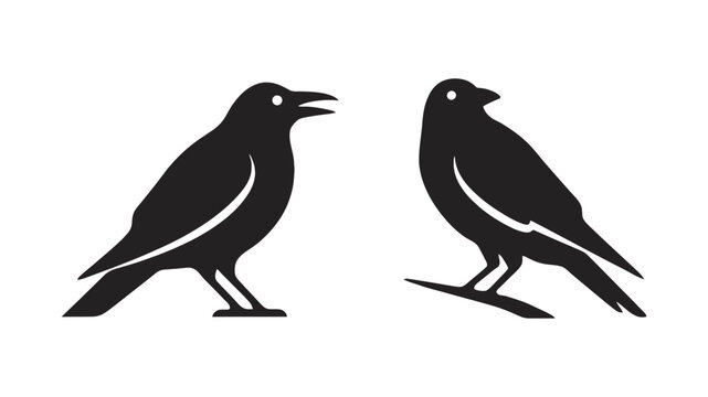 Black silhouettes of two crows facing each other with one bird calling out in a minimalist style