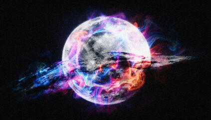 Abstract Glowing Planet with Purple Blue Pink Energy Flames and Ring on Dark Space Background © ale studio 