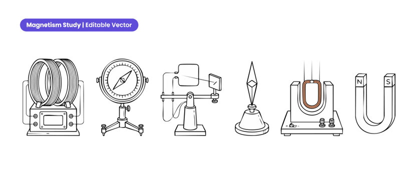 Physics magnetism science experiment vector illustrations set showing school laboratory education equipment like horseshoe magnet compass coils galvanometer for academic study and learning projects.