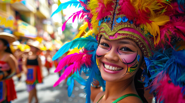 Vibrant MassKara Festival Street Dance Title: MassKara Festival dancers in Bacolod City, traditional Filipino street dance, vibrant colorful festive costumes, smiling masks of Mass