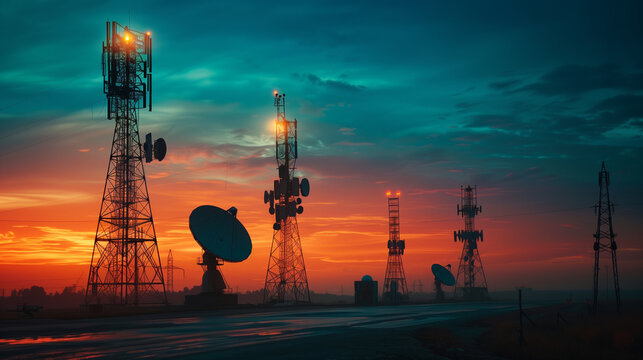 Satellite dish and telecommunication towers at twilight, global connectivity concept, digital infrastructure, wireless network technology, telecommunications base station, satellit