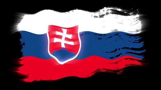 Waving torn Slovakia flag grunge brush burn light leaks, transparent background alpha channel loop full HD