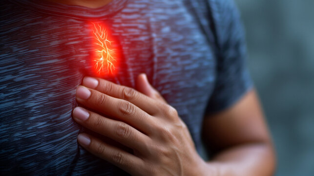 Chest pain or heart attack concept, man holding his chest in pain, cardiovascular disease awareness, heart health emergency, medical symptom illustration, male heart pain, angina p