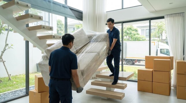 Professional movers carrying wrapped sofa down stairs in modern house relocation service concept.