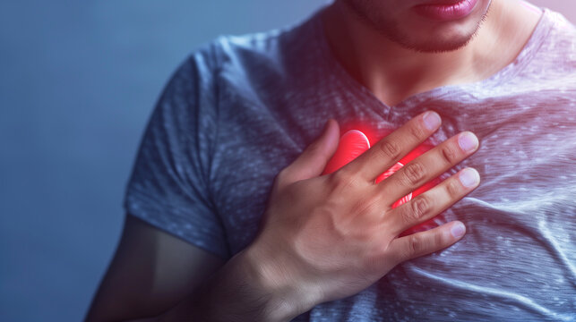 Chest pain or heart attack concept, man holding his chest in pain, cardiovascular disease awareness, heart health emergency, medical symptom illustration, male heart pain, angina p