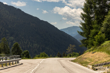 Fototapeta premium Mountain Road Winding Through Forested Alpine Valley on Sunny Summer Day