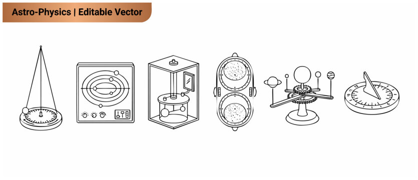 Astrophysics vector icons set illustration of vintage scientific instruments including orrery, sundial, planisphere, and Foucault pendulum diagrams on white background for educational physics designs.