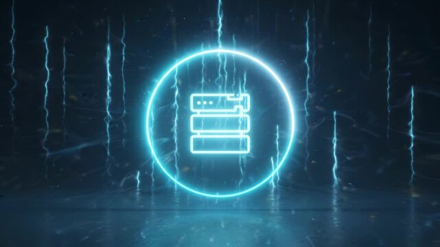 Neon server icon glowing with electric blue light in dark futuristic space, digital data storage technology symbol with glowing circle and vibrant high tech design network concept