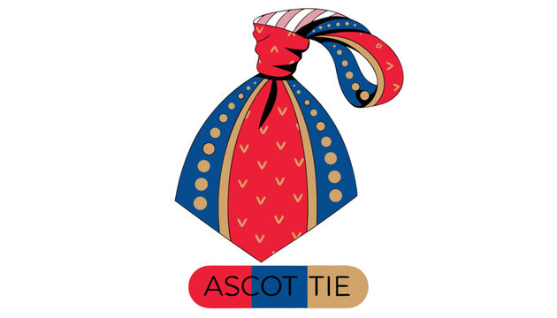 Very beautiful close-up realistic vector of an ASCOT TIE featuring luxurious fabric draping, refined patterns, fashionable styling, and vibrant colors, isolated on white background, with a colorful la