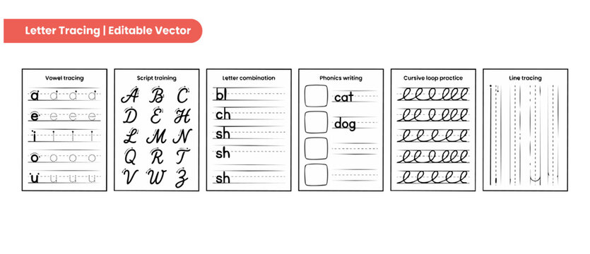 Letter tracing worksheets kids handwriting practice book template set for school educational activity. Kindergarten writing practice worksheets with alphabet cursive vowel and line tracing exercises.