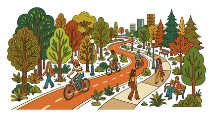 Obraz premium Diverse people cycling and walking on scenic park path with autumn trees and city skyline