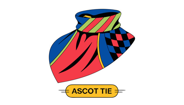Very beautiful close-up realistic vector of an ASCOT TIE featuring luxurious fabric draping, refined patterns, fashionable styling, and vibrant colors, isolated on white background, with a colorful la