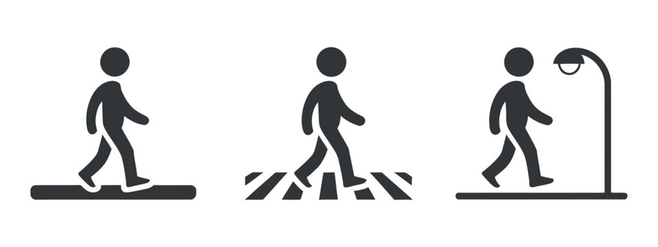 Pedestrian Crossing Icons With Streetlight Flat Silhouette Style