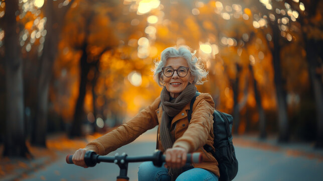 Stylish senior woman in helmet riding electric scooter in autumn park