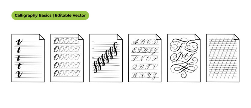 Calligraphy practice worksheets vector set of learning templates featuring hand lettering alphabet guides, cursive strokes, elegant flourishes, and slanted grid ruling for handwriting instruction.