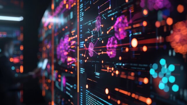 Software engineer monitors intricate neural network connections and vibrant data streams displayed across a wide interactive wall interface.