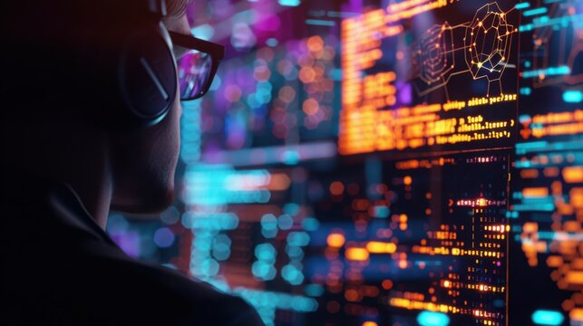 Data analyst wearing headphones observes complex glowing code streams on multiple large monitors in a dim high tech command center.