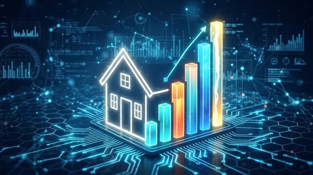 House bar chart digital technology data growth futuristic network analysis finance glowing graph business investment real estate statistics progress innovation abstract modern blue interface