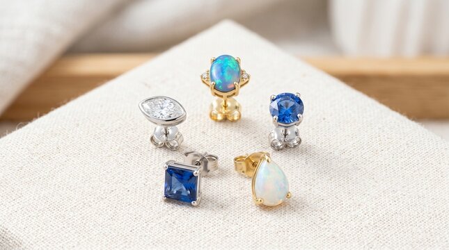 Collection of various gemstone stud earrings on a textured surface