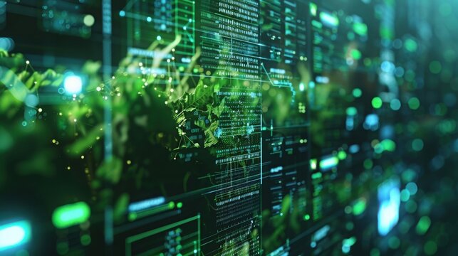 Digital data stream displays green plant growth patterns integrated with complex computational code structures.