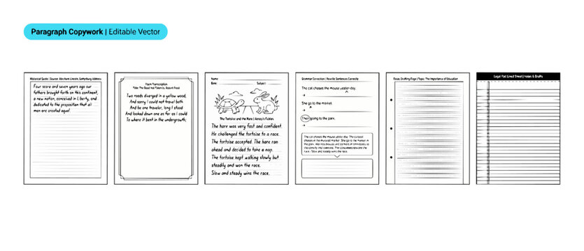 Handwriting practice worksheets educational templates for printing including lined paper, paragraph copywork, essay draft templates, grammar editing pages, and school educational activity sheets.