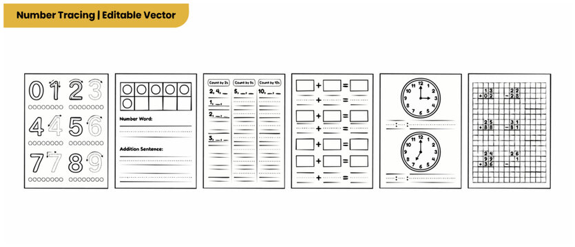 Preschool math worksheets bundle tracing numbers and counting activities for kindergarten kids learning addition, subtraction, telling time, and skip counting, editable vector education worksheets set