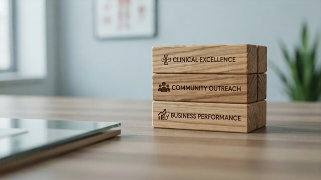 Stack of wooden blocks with business and healthcare concepts on office desk