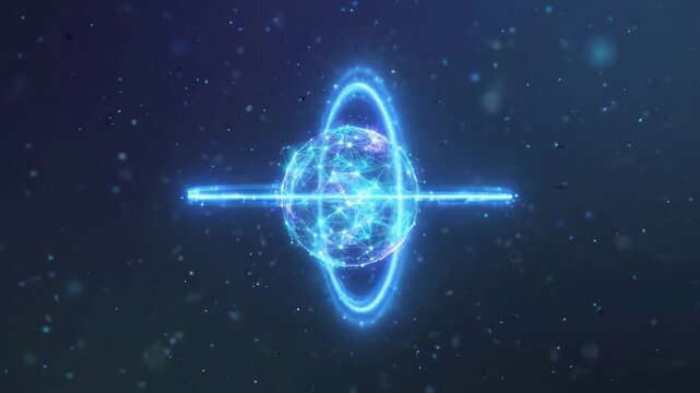 Digital glowing sphere with intersecting neon blue light particles, futuristic technology network visualization featuring dynamic energy and abstract science connection innovation in dark space