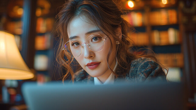 Young Asian woman with glasses looking from laptop in cozy library with bookshelf background
