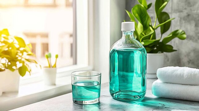 Blue Mouthwash Bottle and Glass on Bathroom Counter with White Towels and Toothbrushes for Dental Health