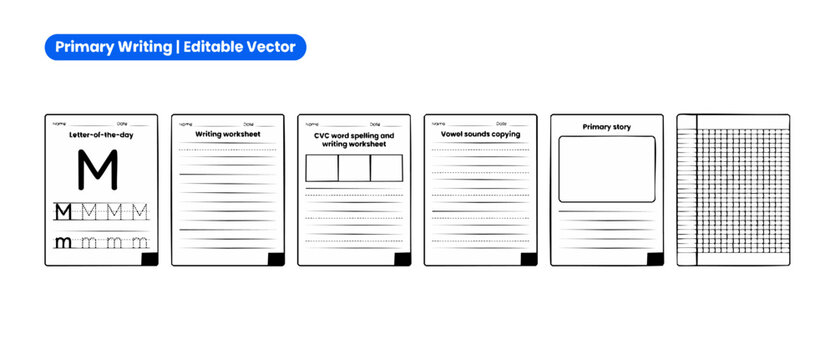 Primary writing worksheet template set for handwriting practice and alphabet letter tracing, featuring blank basic lined grids and school story layout pages for elementary student kid class learning.