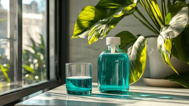 Teal Mouthwash Bottle and Glass on Table with Green Plant in Bright Sunlit Room for Oral Hygiene Concept