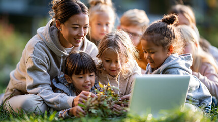 Fototapeta premium A wide shot of a teacher sitting softly on grass engaging a calm group of children examining leaves near a bright laptop outdoor lesson open faces bright outdoors daylight