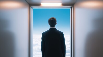 Fototapeta premium Person waiting for an elevator that opens into an endless blue sky, blending everyday office routine with surreal possibility and optimism.