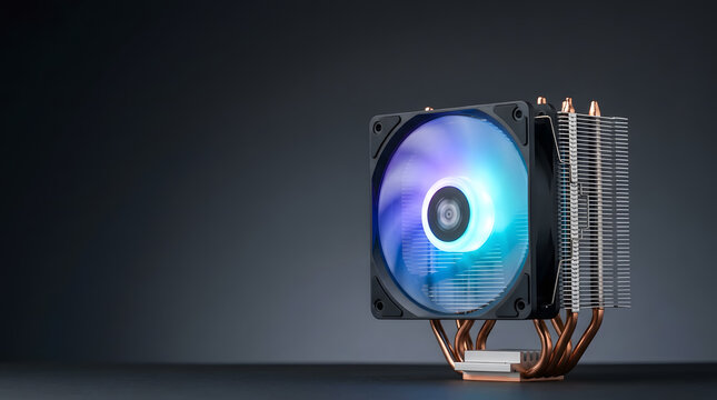 CPU Air Cooler with RGB Lighting and Copper Heat Pipes for High-Performance Gaming PC Build on Dark Background with Copy Space