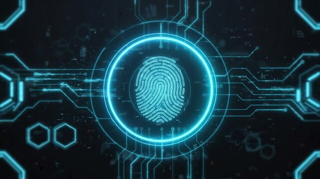 Fingerprint biometric security technology digital identification authentication cyber data protection access scan futuristic neon blue glowing electronic privacy interface system pattern recognition