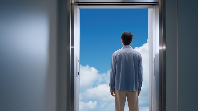 Person waiting for an elevator that opens into an endless blue sky, blending everyday office routine with surreal possibility and optimism.