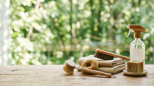 Natural Eco Friendly Wooden Cleaning Brushes and Towels on a Window Sill