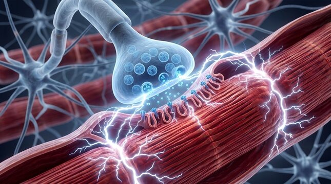 Neuromuscular junction with electrical impulses transmitting signals from nerve axon to muscle fiber