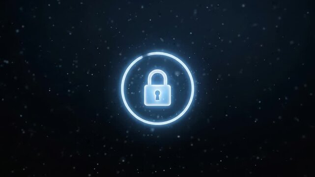Digital security icon glowing padlock symbol with blue neon light circle frame dark background data protection cybersecurity concept technology interface secure access privacy safeguard lock network