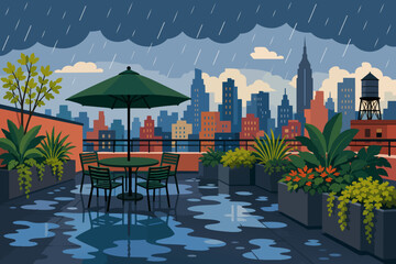Fototapeta premium Rainy City Rooftop Garden Scene With Umbrella Table and Plants