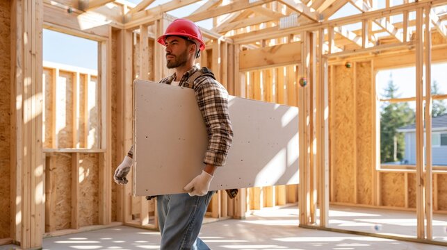 Construction worker in red helmet carries large drywall sheet inside unfinished building
