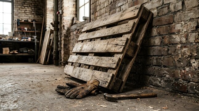 Old hammer and gloves in workshop