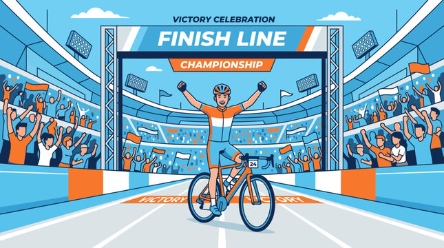 A Cheerful Cyclist Celebrates Victory Crossing The Finish Line Championship