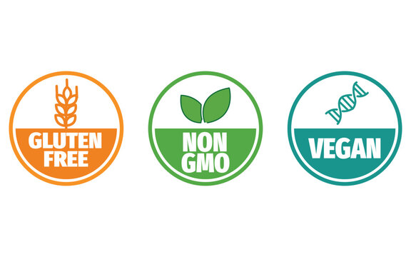 Set of dietary and lifestyle icons including gluten free, non gmo and vegan labels