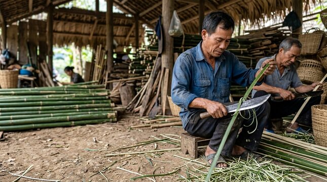 Two Asian men working in a workshop, processing bamboo stalks with knives for handicraft production