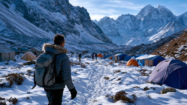 A wide shot of a trekker hiking softly toward a calm basecamp in bright towering snowy mountains basecamp trek open face bright outdoors daylight workspace full scene